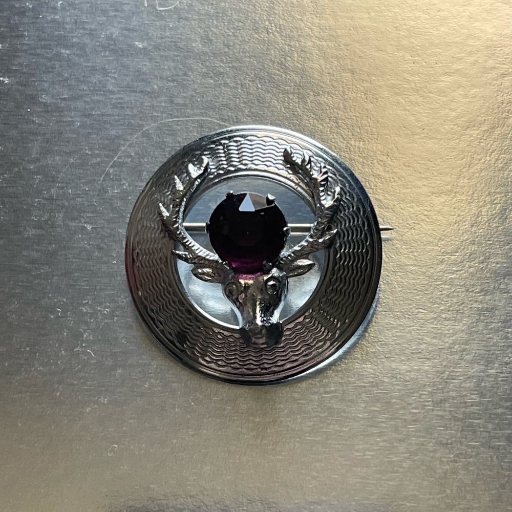 Mizpah Elk Silver Toned Faux Purple Gemstone  Brooch